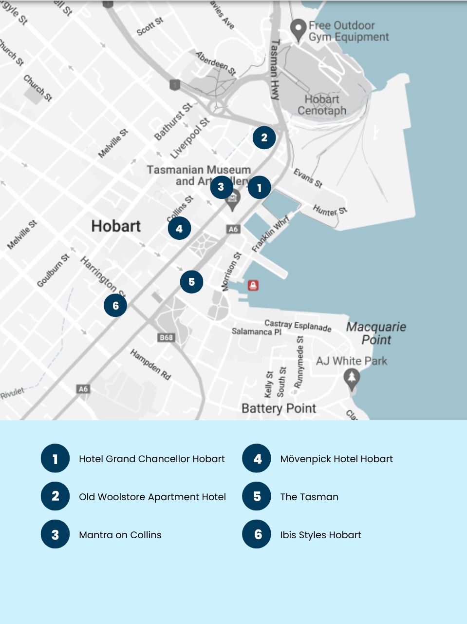 Hobart hotel map